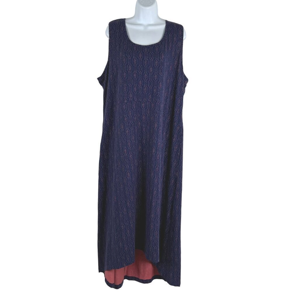 Duluth Trading Co Navy Blue Textured Sleeveless Maxi Dress with Pink Lining